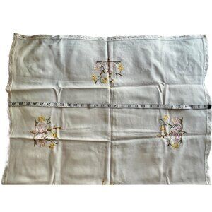 Hand-Embroidered Easter Tablecloth Topper Lace Trim Eggs Daffodils Holidays